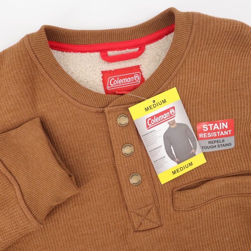 NEW Coleman Bonded Waffle Sherpa Lined Henley Brown Long Sleeve Mens Medium